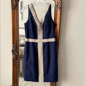 Lilly Pulitzer Blue and Gold Sheath Cocktail Mini Dress